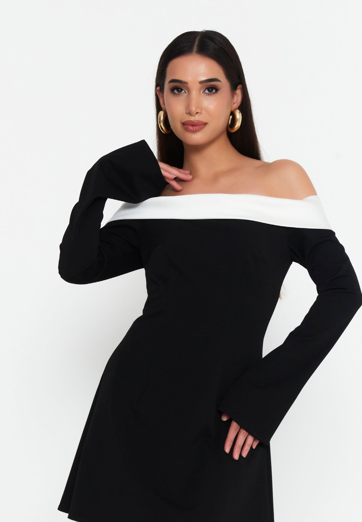 Chic Off-Shoulder Black & White Dress - Elegant Cocktail Dress
