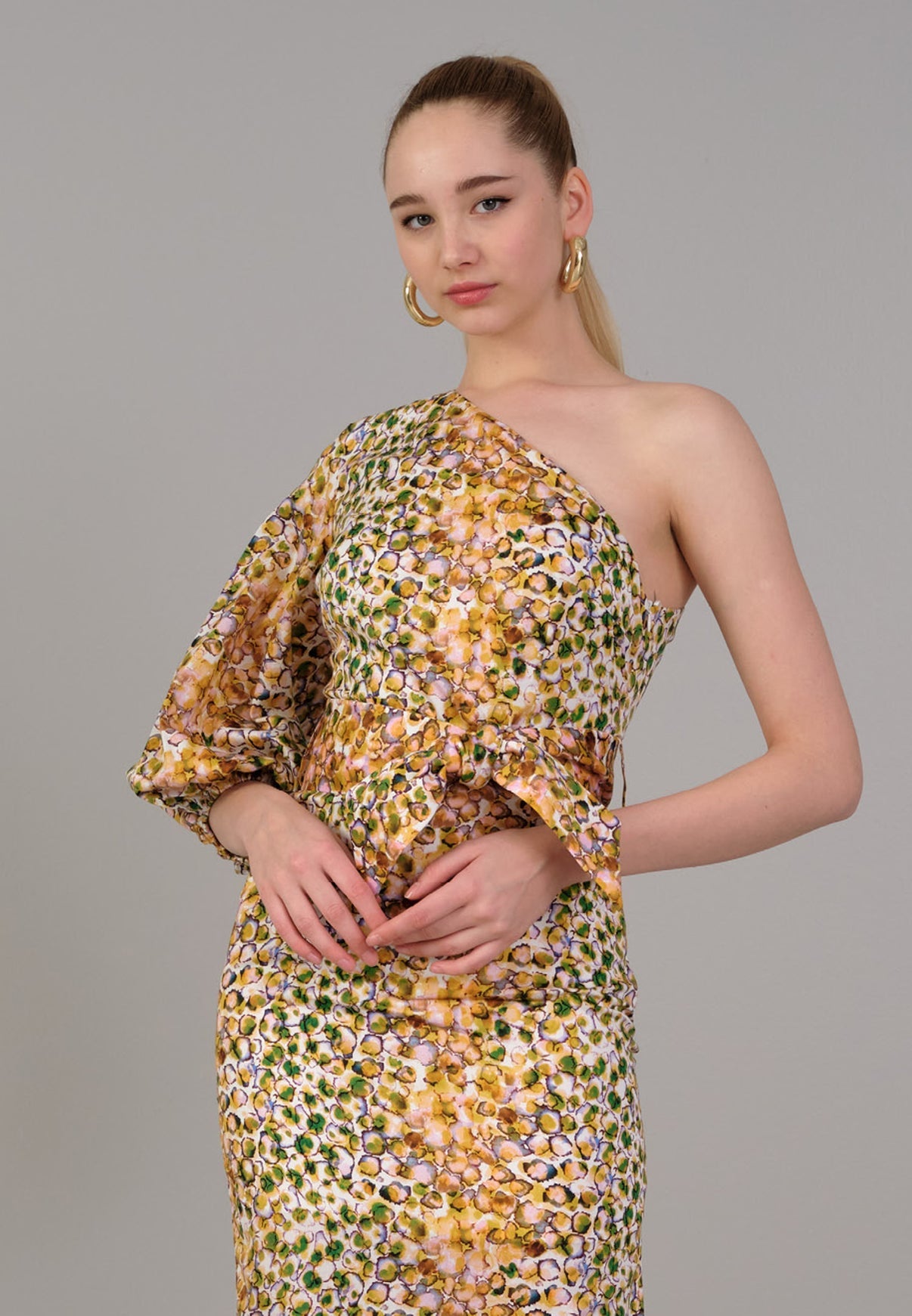 One-Shoulder Print Midi Dress - Elegant Cocktail Dress