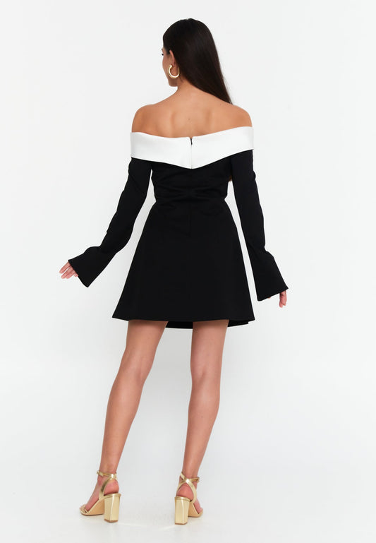 Chic Off-Shoulder Black & White Dress - Elegant Cocktail Dress
