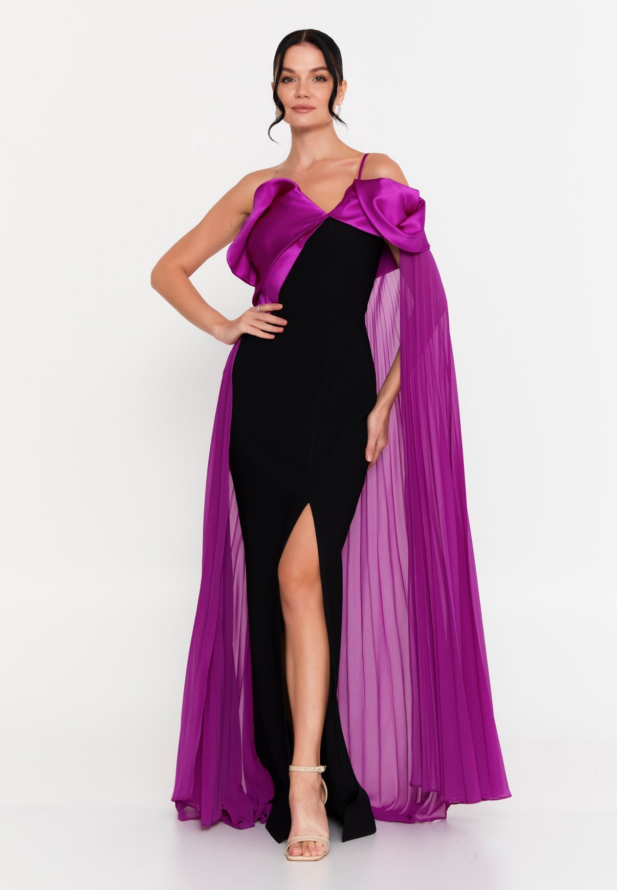 Black & Magenta Cape Gown - Elegant Evening Dress