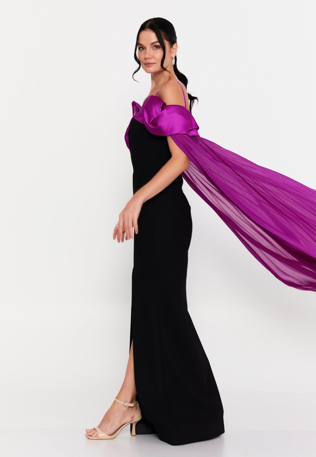 Black & Magenta Cape Gown - Elegant Evening Dress
