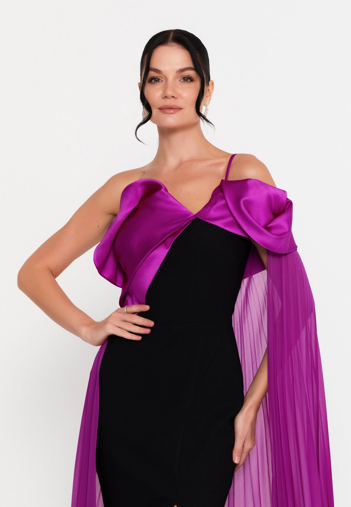 Black & Magenta Cape Gown - Elegant Evening Dress