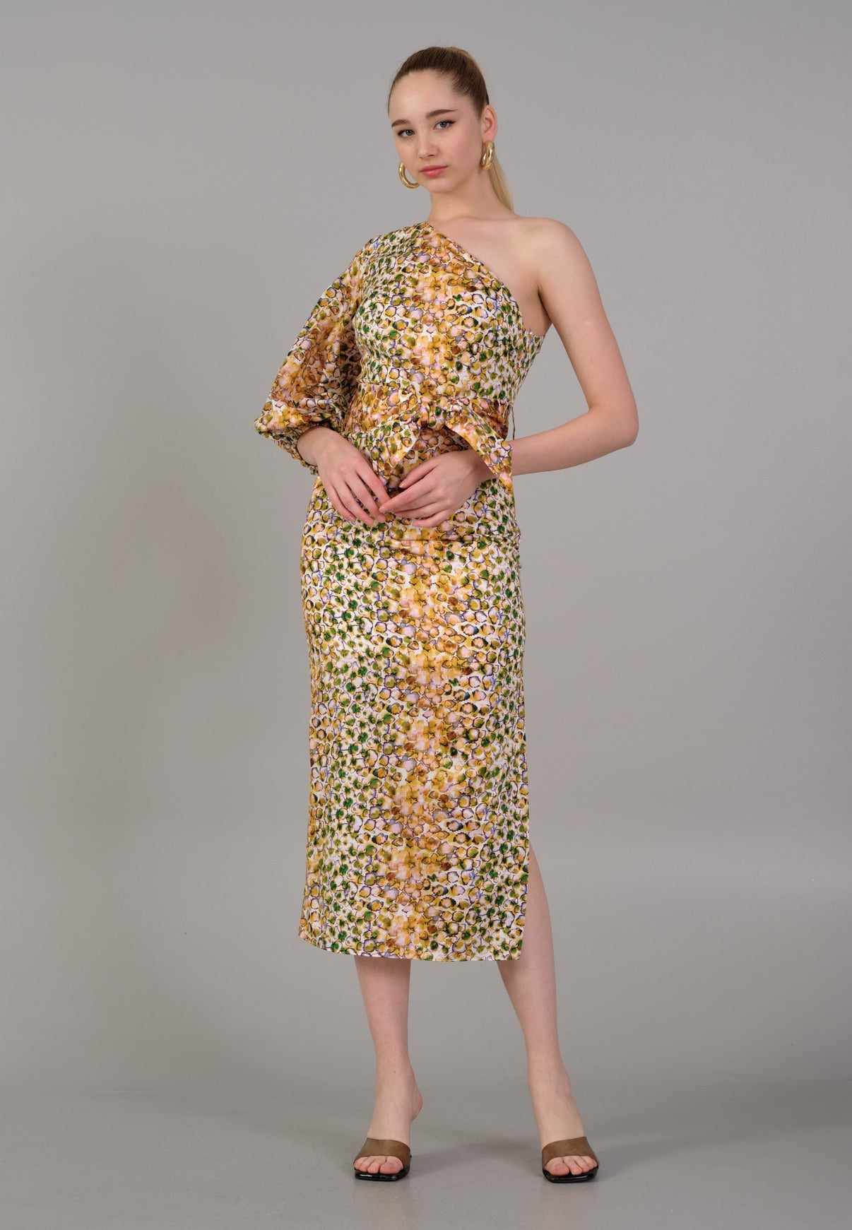 One-Shoulder Print Midi Dress - Elegant Cocktail Dress